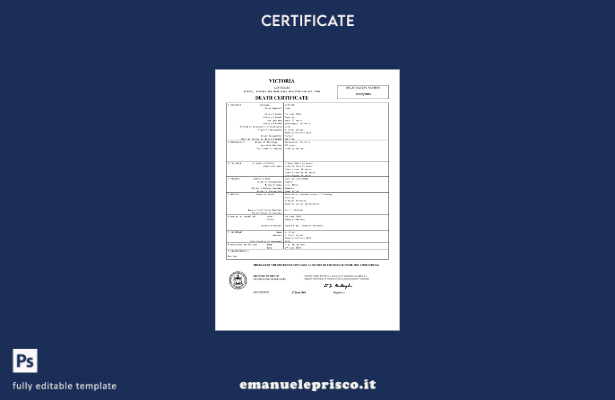 modello di certificato di morte Australia Victoria in stile verificato nel model